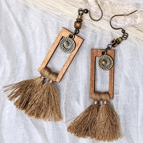 Dear Closet, Love Fifi Jewelry - DCLF Boho Beaded Goldtone Bronze Wooden Rectangular Tassel Earrings